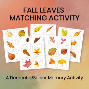 Könnte beinhalten: Karten mit Aquarellillustrationen von Herbstblättern für eine Zuordnungsaktivität. Der Text "FALL LEAVES MATCHING ACTIVITY" steht oben. Der untere Teil des Bildes lautet "A Dementia/Senior Memory Activity".