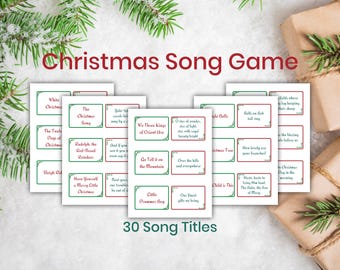 Może przedstawiać: Drukowana gra świąteczna z 30 tytułami piosenek. Karty są zielone i czerwone z białym tekstem. Tytuły obejmują "White Christmas", "The Christmas Song", "Rudolph the Red-Nosed Reindeer", "Jingle Bells", "O Holy Night", "We Three Kings of Orient Are", "Go Tell It On The Mountain", "Over the Hills and Far Away", "Little Drummer Boy", "Have Yourself a Merry Little Christmas", "The Twelve Days of Christmas", "Silent Night", "Child is This", "Hark! The Herald Angels Sing", "We Wish You a Merry Christmas", "O Christmas Tree", "Away in a Manger", "Jingle Bell Rock", "Feliz Navidad", "Rockin' Around the Christmas Tree", "It's Beginning to Look a Lot Like Christmas", "Silver Bells", "Let It Snow! Let It Snow! Let It Snow!" and "Winter Wonderland".