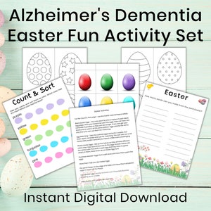 May include: A printable Easter activity set for people with Alzheimer's dementia. The set includes a count and sort activity, an Easter word search, and a coloring page. The activities are designed to be fun and engaging for people with cognitive decline.