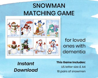 Printable Snowman Matching Game Dementia, Dementia Memory Game, Activities for Dementia, Memory Care Game, Alzheimers Game, Instant Download