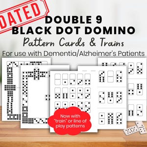 Può includere: Un insieme di carte modello domino in bianco e nero, progettate per l'uso con pazienti affetti da demenza/Alzheimer. Le carte presentano punti neri in varie disposizioni. La parola "UPDATED" è in un banner rosso.