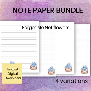 No me olvides Papelería imprimible con flores, Páginas de diario floral, Descarga digital instantánea, Páginas de escritura, Punto, Gráfico, Papel en blanco, rayado