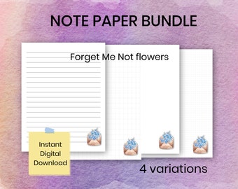Förgät mig inte blommigt utskrivbart brevpapper, blommiga journalsidor, omedelbar digital nedladdning skrivsidor, prick, diagram, tomt, linjerat papper