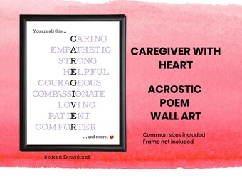 Caregiver appreciation gift, Caregiver Christmas gift, caregiver idea, caregiver acrostic poem, wall art, caregiver printable, framable art