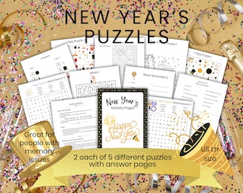 May include: A collection of New Year's puzzles, including word searches, mazes, and I-spy games. The image features activity pages with answer keys, and the text "Happy New Year". The puzzles are US Ltr size.