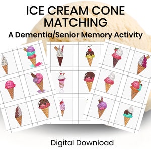 May include: Printable ice cream cone matching game for dementia or senior memory activity.  The game includes 12 cards with different ice cream cone designs.  Digital download.