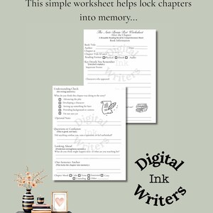May include: A printable worksheet designed to aid in reading comprehension, featuring sections for book details and chapter analysis. The image shows a shelf with decorative items. The text includes "Digital Ink Writers" and "Est. 2023."