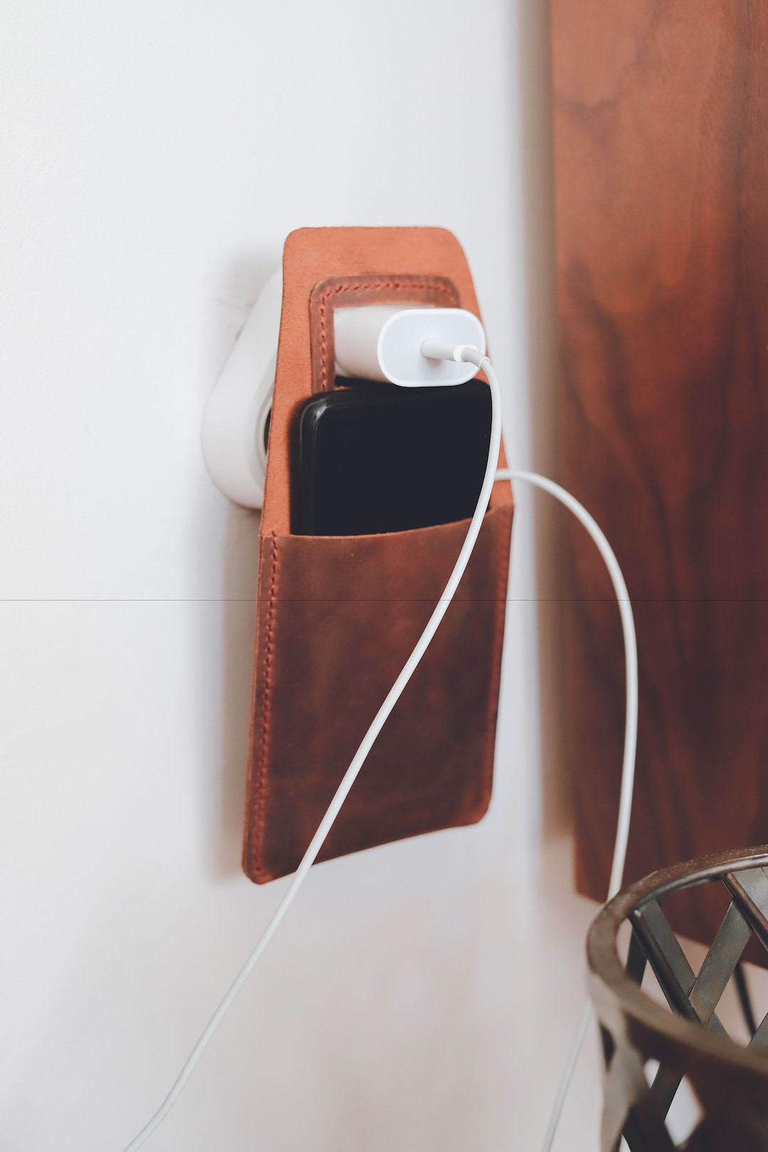 Leather Wall Charger Holder, Custom Wall Charger Case, iPhone Charging