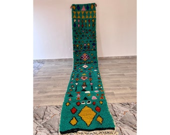 Tapis de passage personnalisé en laine berbère turquoise, tapis tribal géométrique marocain, tapis de couloir ethnique boujaad tissé à la main, tapis Beni ourain unique