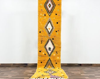 Handmade Custom Moroccan Berber Mustard Wool Runner Rug | Colorful Tribal Patterns | Vintage Style