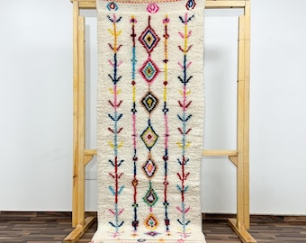 Colorful Wool Runner Rug for Hallway - Narrow Wool Carpet Runner - Custom Handwoven Azilal Rug with Symbolic Motif, Diamond & Zigzag Pattern