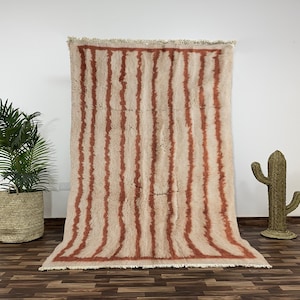 Beni Ourain Wool Rug, Terracotta Cream Hand-Knotted Moroccan Carpet, Cozy Boho Bedroom Floor Decor, Authentic Tribal Wool Area Rug