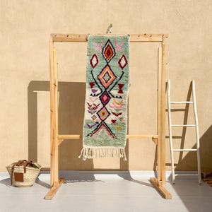 Teal Moroccan Runner Rug, Green Berber Wool Rug 4.7 ft, Boujaad Entryway Rug, Handwoven Boho Decor, Ready to Ship