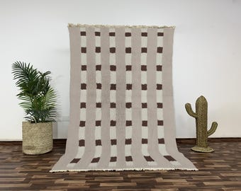Hand-Knotted Beni Ourain Wool Rug, Brown and Cream Checkered Moroccan Rug