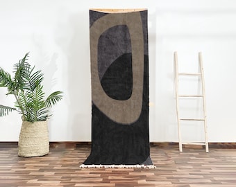 Marokkaans wollen vloerkleed in taupezwart | Handgeknoopt abstract Beni Ourain-tapijt | Tribal gangkleed voor moderne entree of gang
