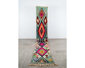 Authentic Boujaad Moroccan Berber Wool Runner Rug with Geometric Pattern, Bohemian Style, Fringe Details - Perfect for Hallways and Stairs