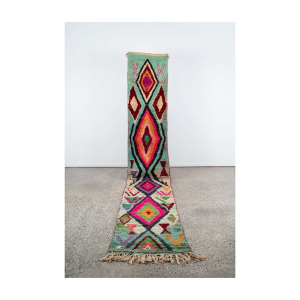 Auténtica alfombra de lana bereber marroquí Boujaad con estampado geométrico, estilo bohemio, detalles de flecos, perfecta para pasillos y escaleras