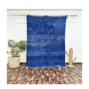 Beni Ourain Rug 7.9x5.6ft, Deep Blue Moroccan Wool Carpet, Handmade Tribal Area Rug, Berber Boho Decor, Plush Wool Living Room Rug