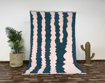Handmade Teal Beni Ourain Wool Rug, Striped Moroccan Area Rug