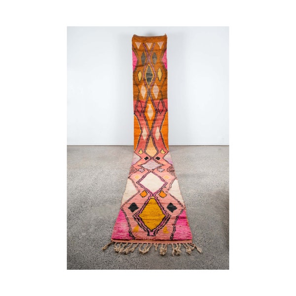 Custom Handwoven Pink Moroccan Wool Runner Rug with Boujaad Berber Tribal Design - Ideal for Hallways, Corridors, and Bohemian Home Decor