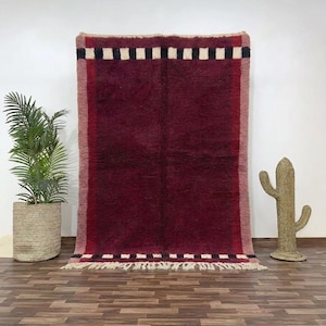 Red Beni Ourain Wool Rug, Hand-Knotted Moroccan Striped Carpet, Tribal Living Room Decor