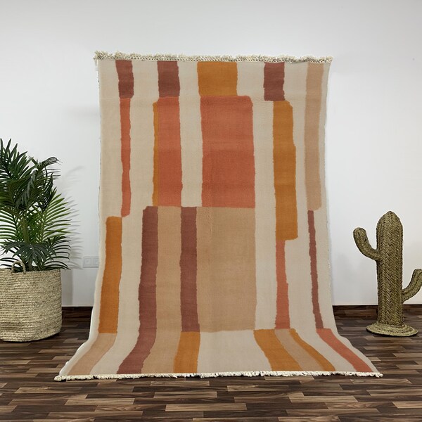 Beni Ourain Wool Rug with Warm Color Blocks, Hand-Knotted Moroccan Carpet in Terracotta and Gold, Modern Boho Decor for Living Room