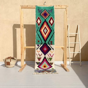 Teal Moroccan Runner Rug, Green Berber Wool Rug 8 ft, Colorful Boujaad Hallway Rug, Handwoven Boho Decor, Ready to Ship