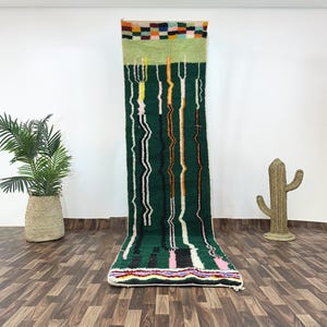 Handwoven Custom Moroccan Berber Boujad Wool Runner in Forest Green, Boho Tribal Hallway Rug, Beni Ourain, Azilal Carpet