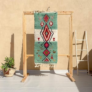 Teal Moroccan Runner Rug, Green Berber Wool Rug 5x2.2 ft, Boujaad Hallway Rug, Handwoven Boho Rug, Ready to Ship