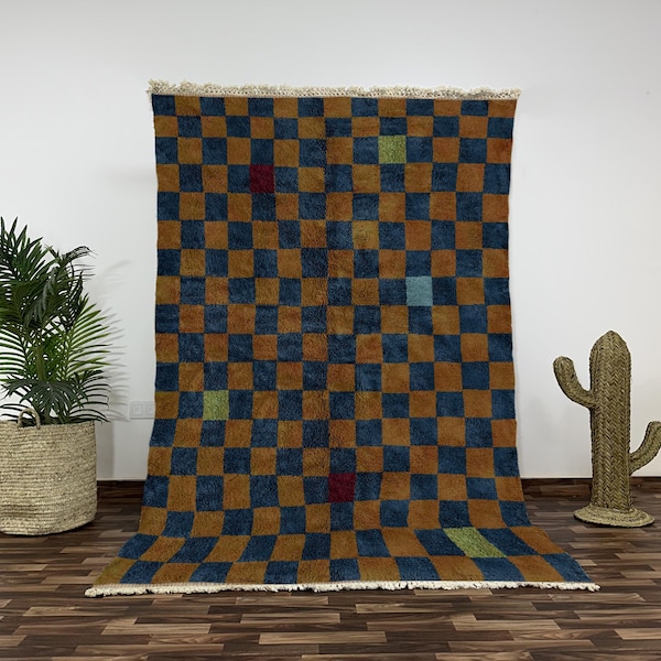 Blue & Brown Checkerboard Beni Ourain Rug, Hand-Knotted Wool, Custom Sizes, Modern Moroccan Carpet
