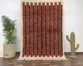 Handmade Moroccan Wool Rug, Terracotta Brown Stripes, Plush Berber Carpet