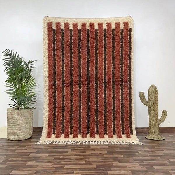 Handmade Moroccan Wool Rug, Terracotta Brown Stripes, Plush Berber Carpet
