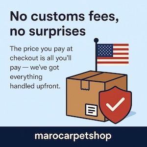 May include: Illustration with text "No customs fees, no surprises." A brown cardboard box, American flag, and red shield with a checkmark are shown. The text reads "The price you pay at checkout is all you'll pay - we've got everything handled upfront."