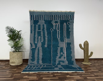 Handmade Teal Beni Ourain Wool Rug, Abstract Moroccan Design