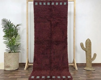 Beni Ourain Runner Rug: Burgundy Wool, Teal Border, Hand-Knotted Berber Tribal Design