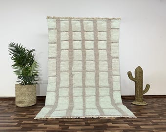 Handwoven Moroccan Beni Ourain Rug, Geometric Check Wool Rug, Neutral Berber Carpet, Modern Shag Rug