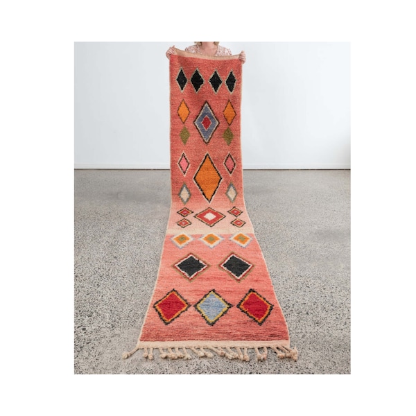 Handmade Customizable Azilal Beni Ourain Runner Rug in Orange-Red with Diamond and Boho Pattern