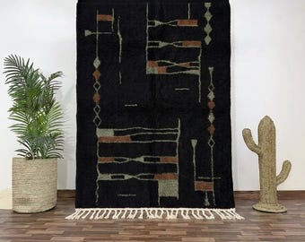Beni Ourain Rug: Hand-Knotted Moroccan Wool, Black Brown Geometric Design