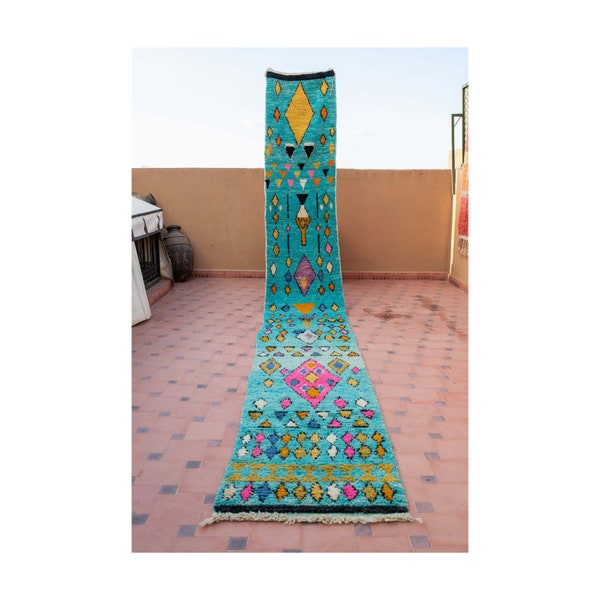 Turquoise Berber Wool Runner Rug - Authentic Moroccan Geometric Tribal Carpet - Handwoven Ethnic Long Hallway Rug