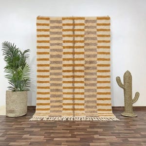 May include: A rectangular rug with a geometric pattern of horizontal stripes in shades of beige, tan, and brown. The rug has a fringe along the bottom edge. A potted plant and a cactus decoration are in the background.