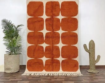 Hand-Knotted Terracotta Wool Rug, Rounded Grid, Modern Berber Decor