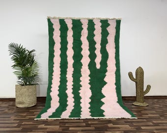 Handmade Green Striped Beni Ourain Wool Rug, Modern Moroccan Rug