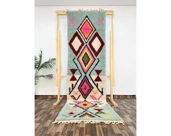Authentic Boujaad Moroccan Berber Wool Runner Rug with Geometric Pattern, Bohemian Style, Fringe Details - Perfect for Hallways and Stairs