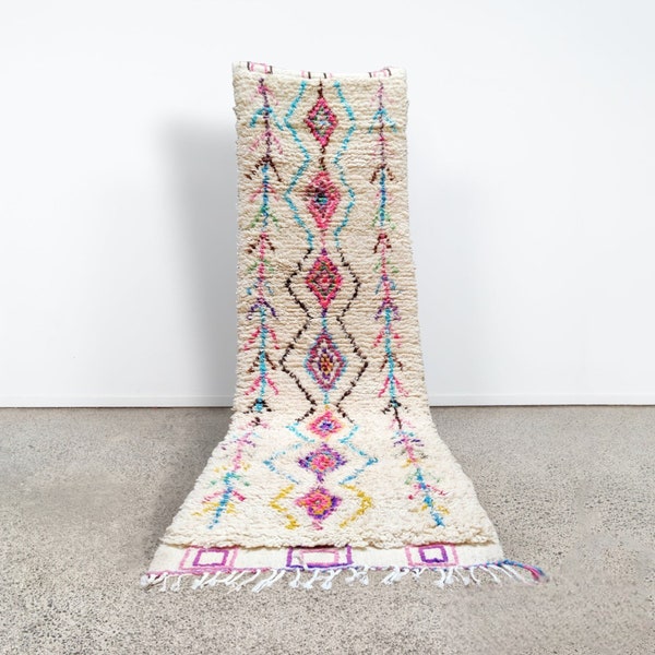 Handwoven Azilal Runner Rug - Playful Moroccan Berber Design - Boho Chic Home Decor - Custom Colorful Tribal Carpet for Hallway or Entryway