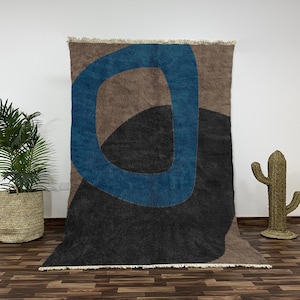 Modern Abstract Wool Area Rug | Blue and Taupe Beni Ourain Carpet | Hand-Knotted Moroccan Berber Rug | Authentic Plush Tribal Design