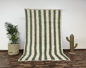 Sage Green Striped Beni Ourain Rug | Hand-Knotted Moroccan Wool Carpet