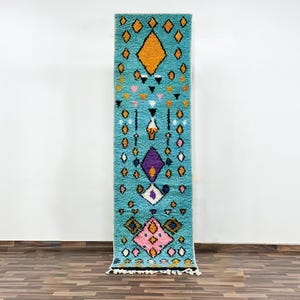 Turquoise Berber Wool Runner Rug - Authentic Moroccan Geometric Tribal Carpet - Handwoven Ethnic Long Hallway Rug