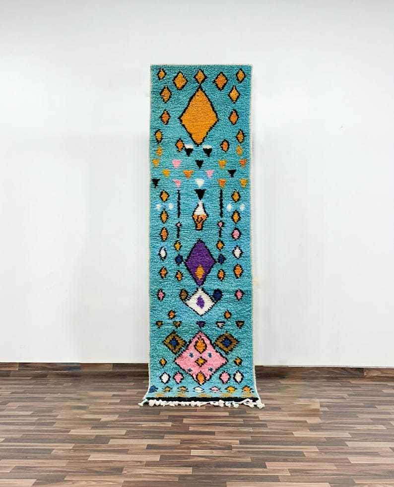 Turquoise Berber Wool Runner Rug - Authentic Moroccan Geometric Tribal Carpet - Handwoven Ethnic Long Hallway Rug