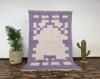Beni Ourain Wool Rug, Moroccan Hand Knotted Area Carpet, Soft Lilac Geometric Design, Cozy Living Room Boho Floor Cover, Tribal Decor