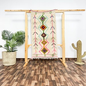 Azilal Runner Rug 5.5ft, Handmade Moroccan Wool Hallway Carpet, Cream Boho Rug with Colorful Diamonds, Berber Entryway Decor